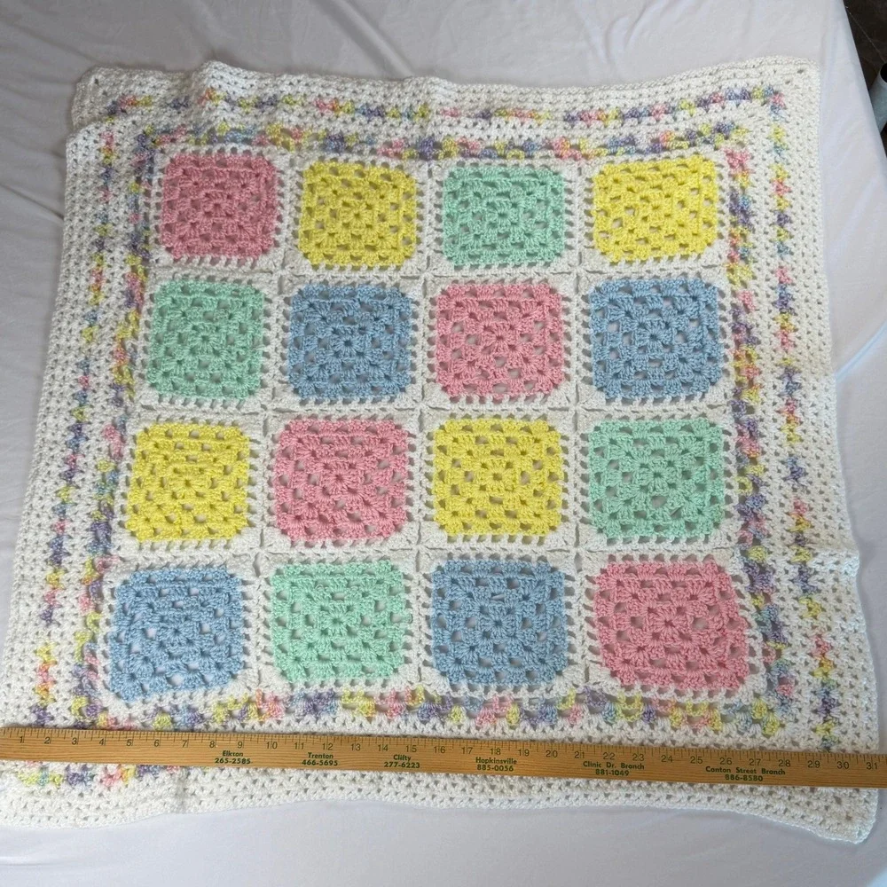 Handmade Crochet Baby Blanket Pastel Granny Square White Trim 31x29 Vintage